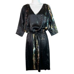 Vintage Burning Torch Silk Drawstring V Neck Dress Size P